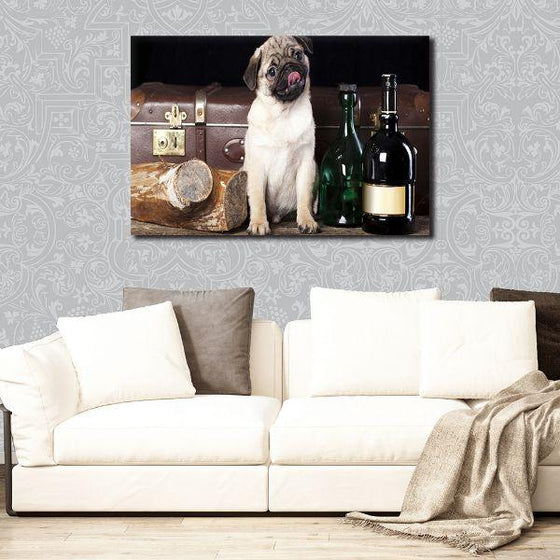 Pug With Wine Bottles Canvas Wall Art Decors