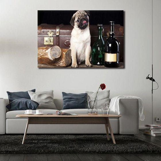 Pug With Wine Bottles Canvas Wall Art Print