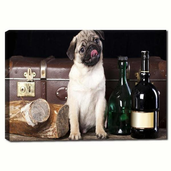 Pug With Wine Bottles Canvas Wall Art