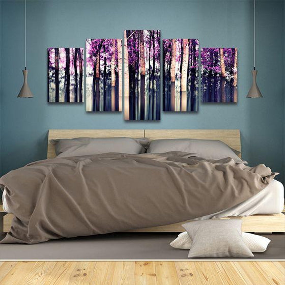 Purple Birch Trees 5 Panels Canvas Wall Art Bed Room