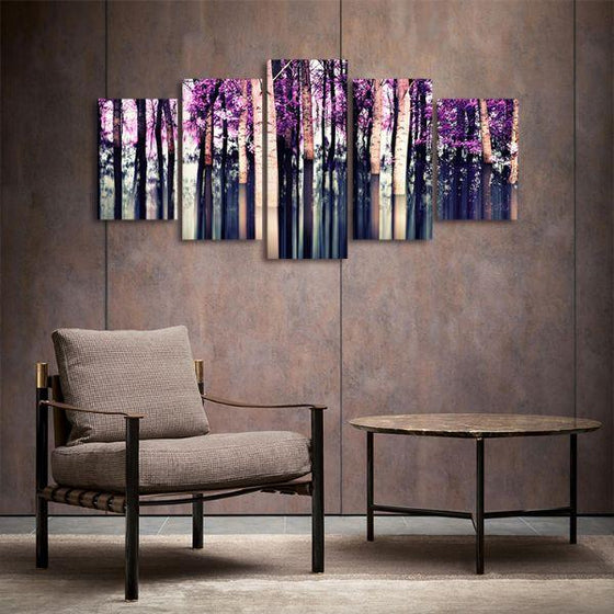 Purple Birch Trees 5 Panels Canvas Wall Art Decor