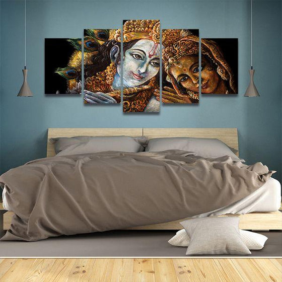 Radha & Krishna With Flute 5-Panel Canvas Wall Art Bedroom