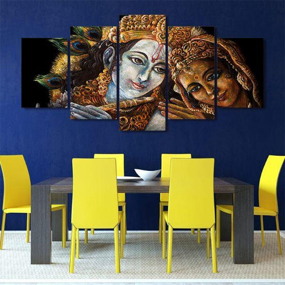 Radha & Krishna With Flute 5-Panel Canvas Wall Art Dining Room