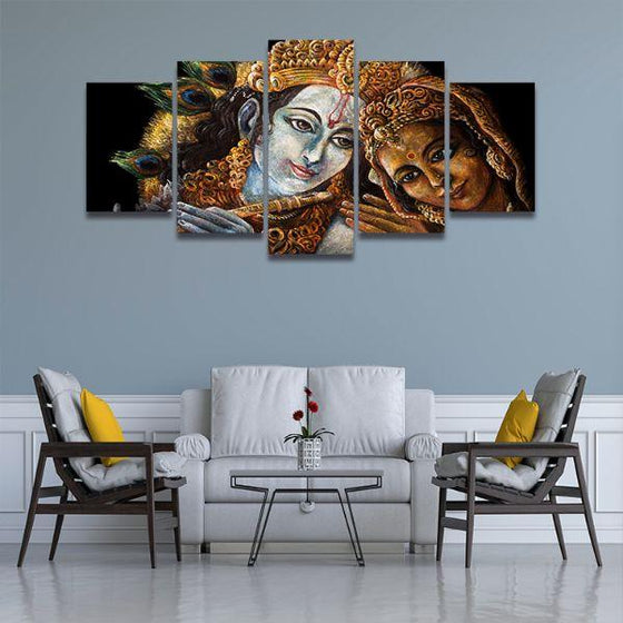 Radha & Krishna With Flute 5-Panel Canvas Wall Art Living Room