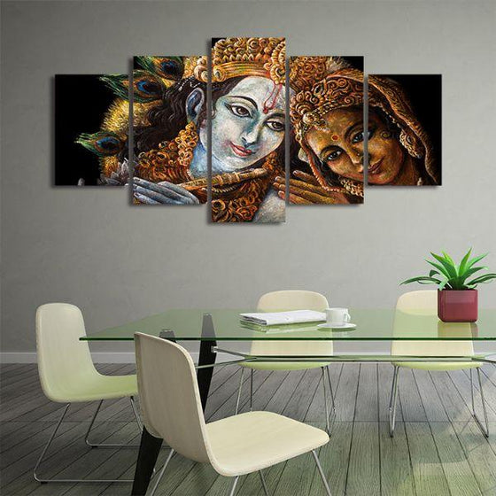 Radha & Krishna With Flute 5-Panel Canvas Wall Art Office