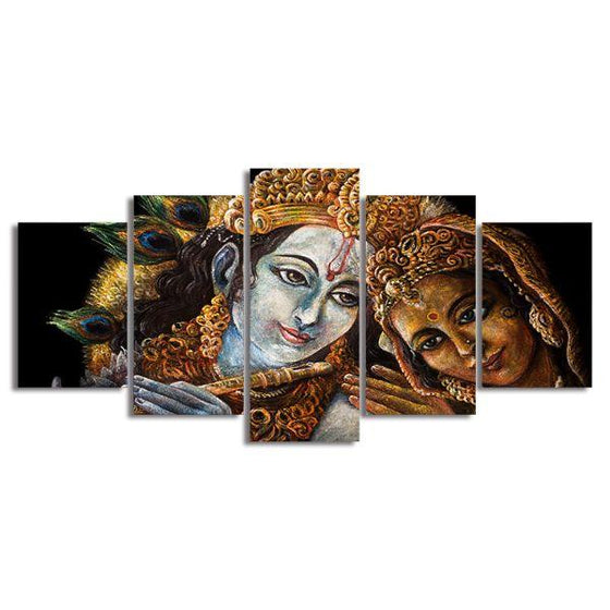 Radha & Krishna With Flute 5-Panel Canvas Wall Art
