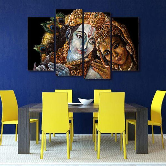 Radha & Krishna With Flute 4 Panels Canvas Wall Art Dining Room