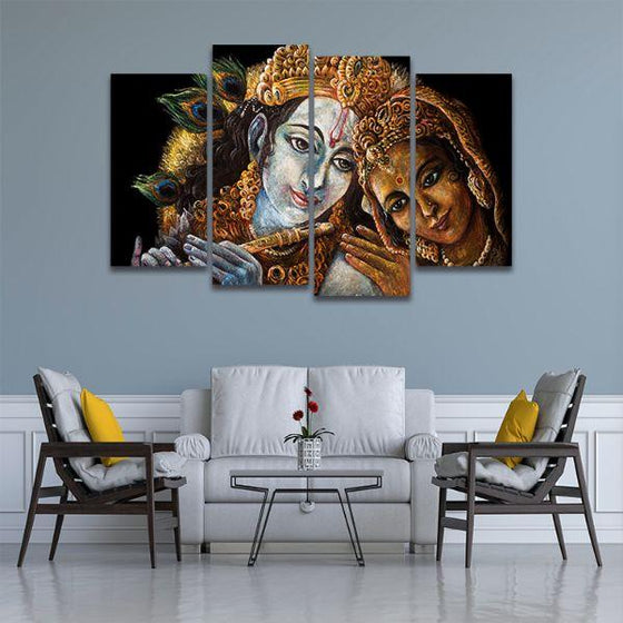 Radha & Krishna With Flute 4 Panels Canvas Wall Art Living Room