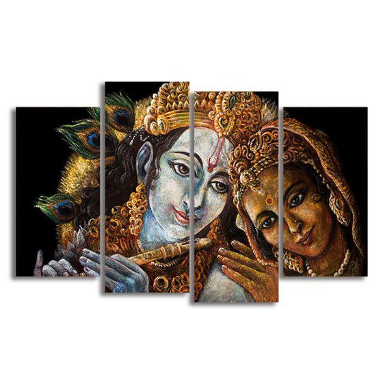 Radha & Krishna With Flute 4 Panels Canvas Wall Art