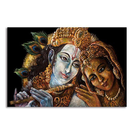 Radha & Krishna With Flute Canvas Wall Art