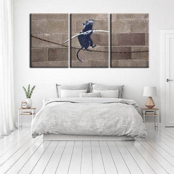Rat On Tight Rope By Banksy 3 Panels Canvas Wall Art Bedroom