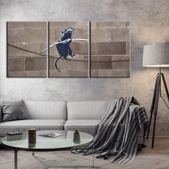 Rat On Tight Rope By Banksy 3 Panels Canvas Wall Art Living Room