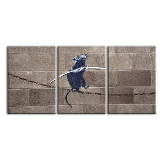 Rat On Tight Rope By Banksy 3 Panels Canvas Wall Art