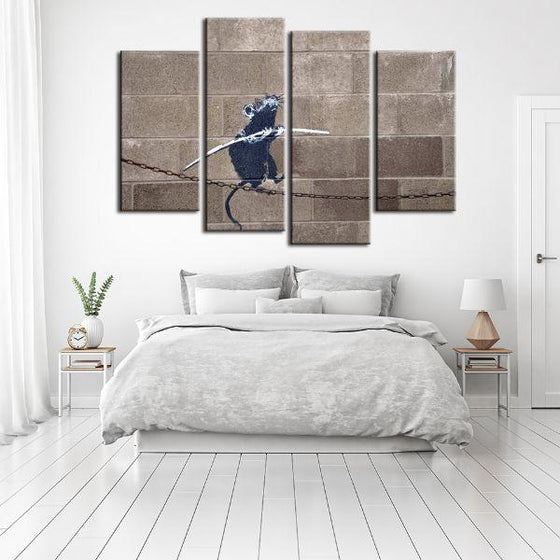 Rat On Tightrope By Banksy 4 Panels Canvas Wall Art Bedroom