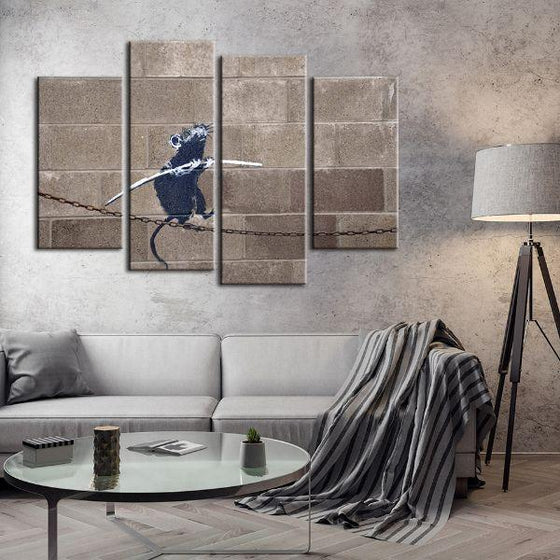 Rat On Tightrope By Banksy 4 Panels Canvas Wall Art Living Room