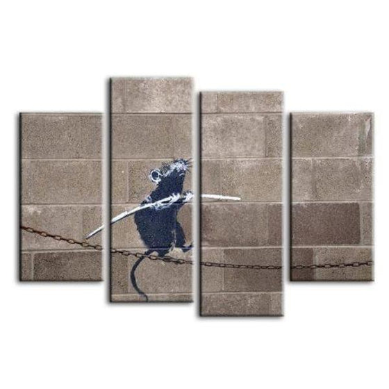 Rat On Tightrope By Banksy 4 Panels Canvas Wall Art