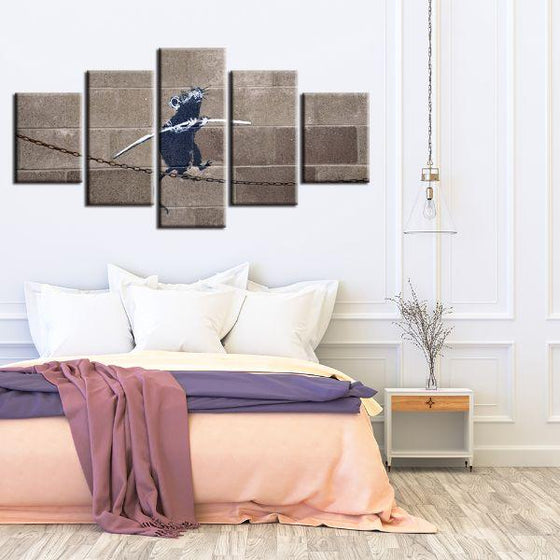 Rat On Tightrope By Banksy 5 Panels Canvas Wall Art Decor