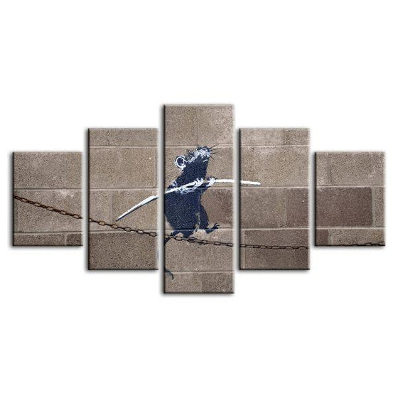 Rat On Tightrope By Banksy 5 Panels Canvas Wall Art