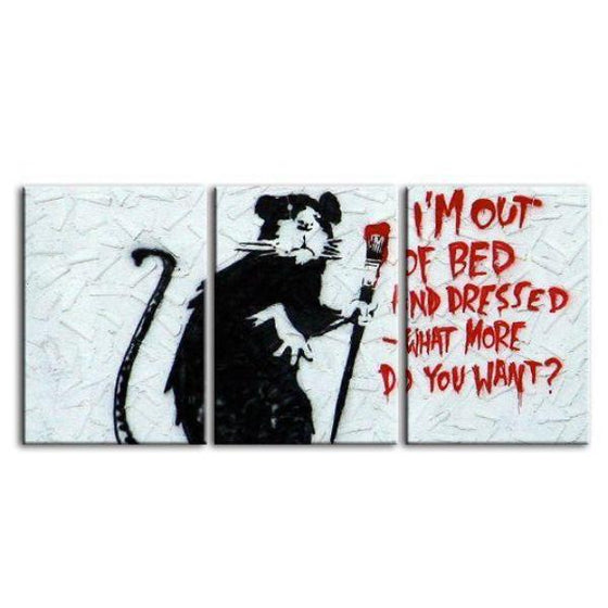 Rat Out Of Bed By Banksy 3 Panels Canvas Wall Art