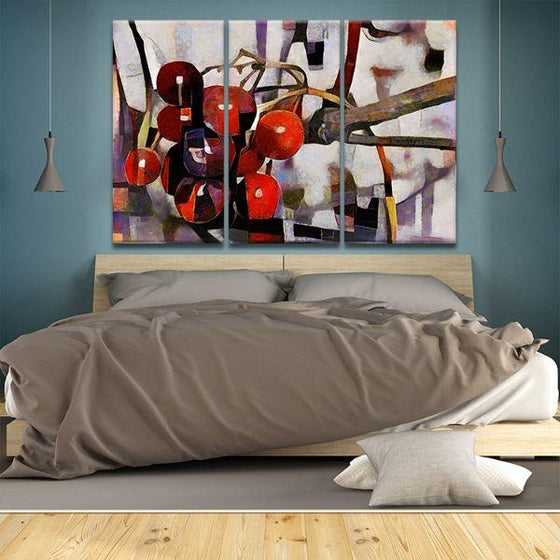Red Berries Cubism 3 Panels Canvas Wall Art Bedroom