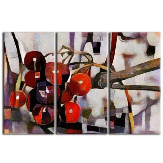 Red Berries Cubism 3 Panels Canvas Wall Art