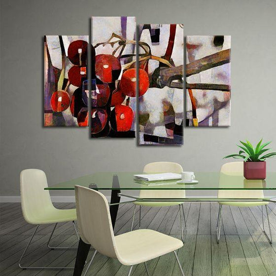Red Berries Cubism 4 Panels Canvas Wall Art Decor
