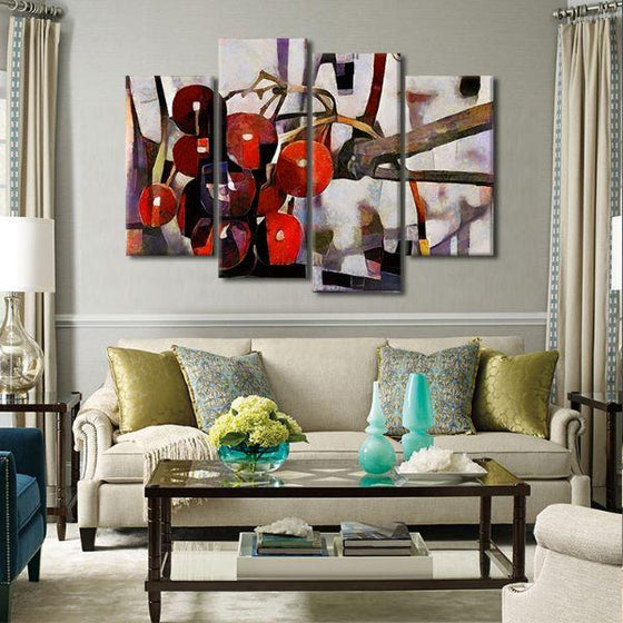 Red Berries Cubism 4 Panels Canvas Wall Art Living Room