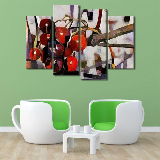 Red Berries Cubism 4 Panels Canvas Wall Art Print