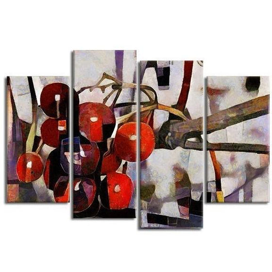 Red Berries Cubism 4 Panels Canvas Wall Art