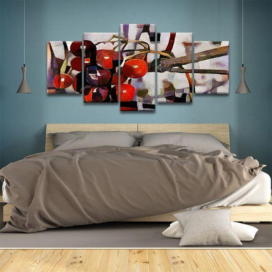 Red Berries Cubism 5 Panels Canvas Wall Art Bedroom