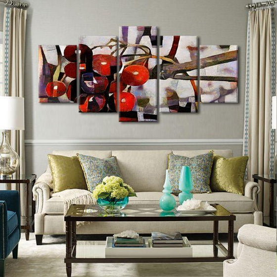 Red Berries Cubism 5 Panels Canvas Wall Art Living Room