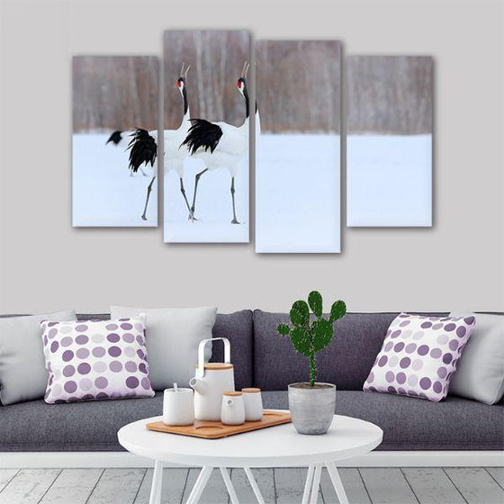 Red Crowned Cranes 4 Panels Canvas Wall Art Print