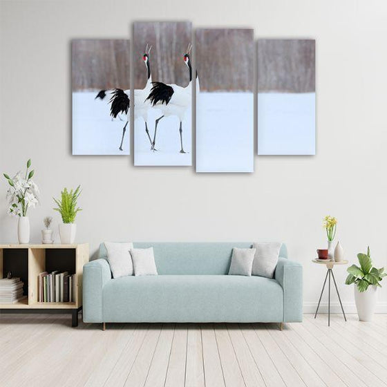 Red Crowned Cranes 4 Panels Canvas Wall Art Set