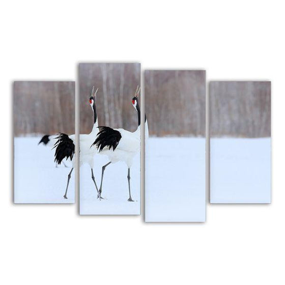 Red Crowned Cranes 4 Panels Canvas Wall Art