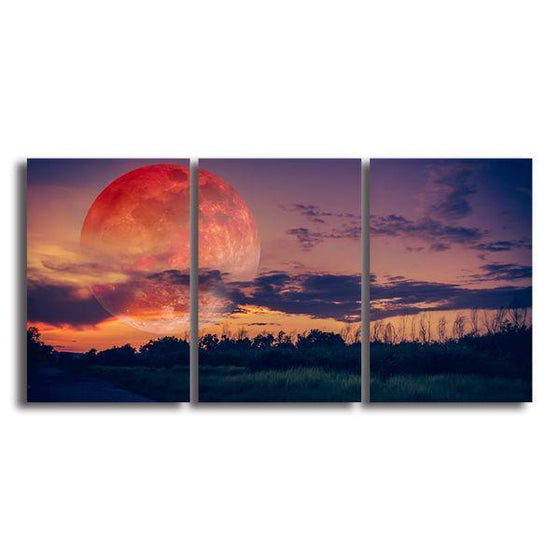 Red Full Moon 3 Panels Canvas Wall Art
