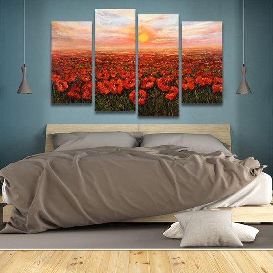 Red Poppy Field At Sunset 4 Panels Canvas Wall Art Bedroom