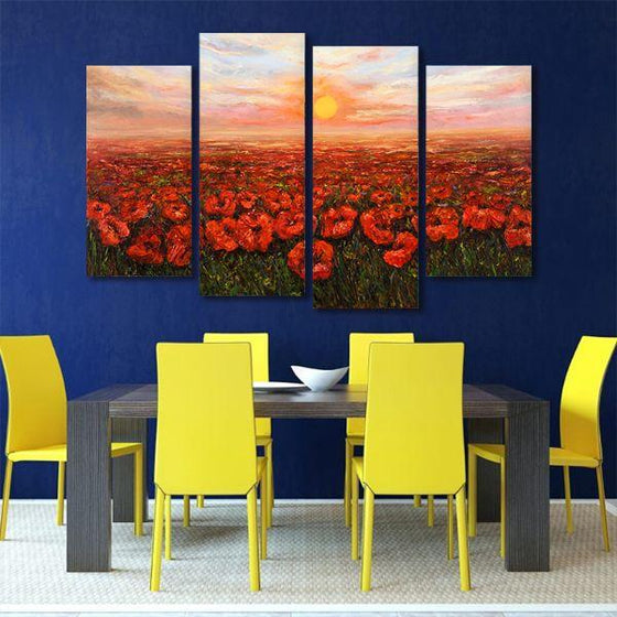 Red Poppy Field At Sunset 4 Panels Canvas Wall Art Dining Room