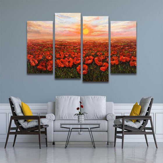 Red Poppy Field At Sunset 4 Panels Canvas Wall Art Living Room