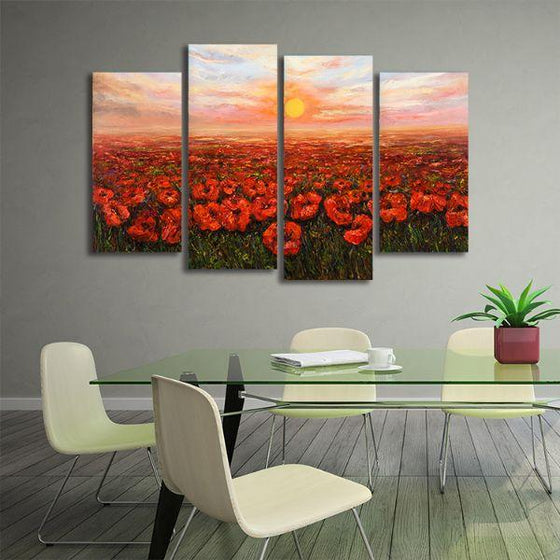 Red Poppy Field At Sunset 4 Panels Canvas Wall Art Office