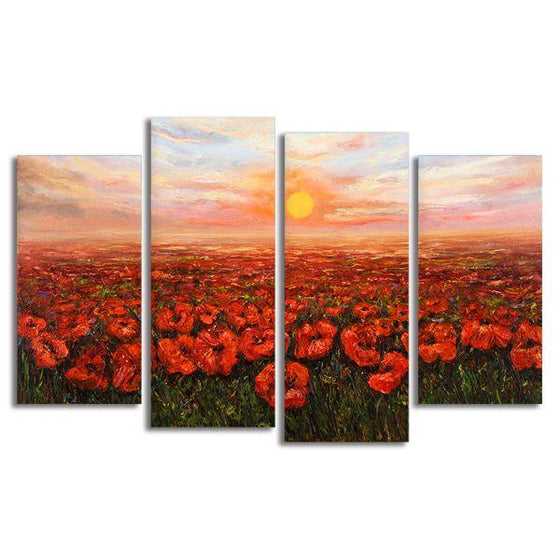 Red Poppy Field At Sunset 4 Panels Canvas Wall Art