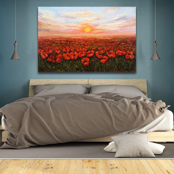 Red Poppy Field At Sunset Canvas Wall Art Bedroom