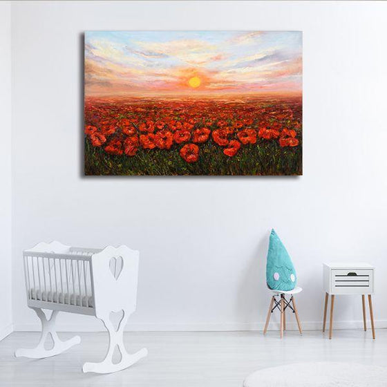 Red Poppy Field At Sunset Canvas Wall Art Decor