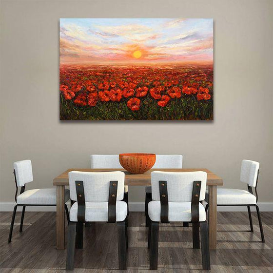 Red Poppy Field At Sunset Canvas Wall Art Dining Room