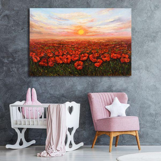 Red Poppy Field At Sunset Canvas Wall Art Nursery