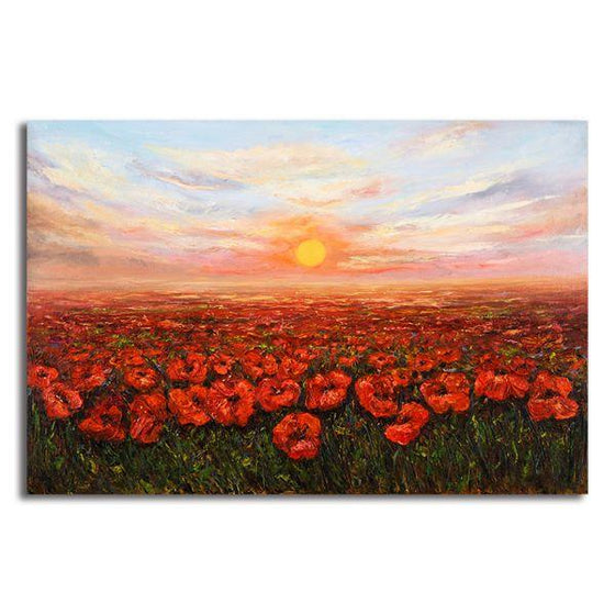 Red Poppy Field At Sunset Canvas Wall Art