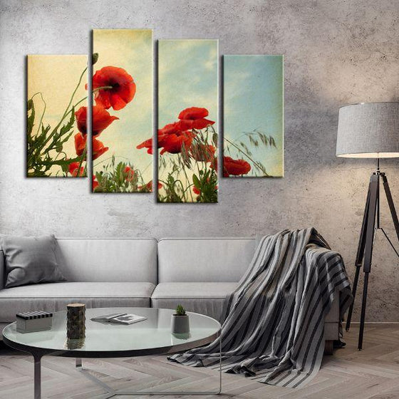 Red Poppy Flowers 4 Panels Canvas Wall Art Living Room