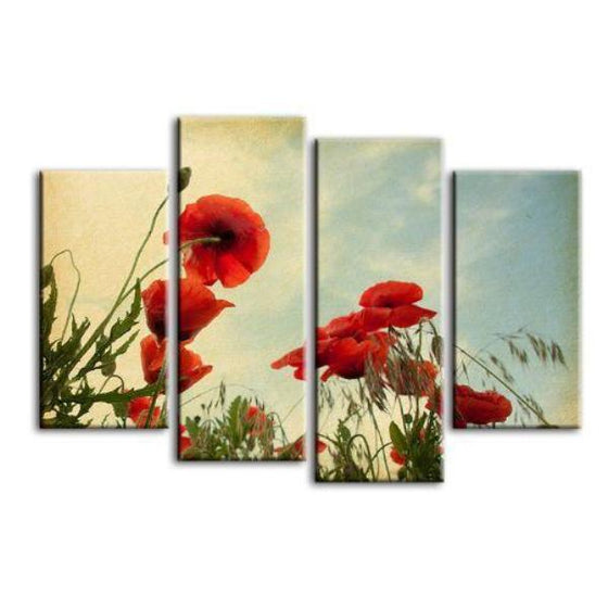 Red Poppy Flowers 4 Panels Canvas Wall Art