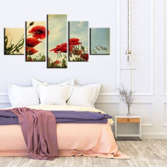 Red Poppy Flowers 5 Panels Canvas Wall Art Bedroom