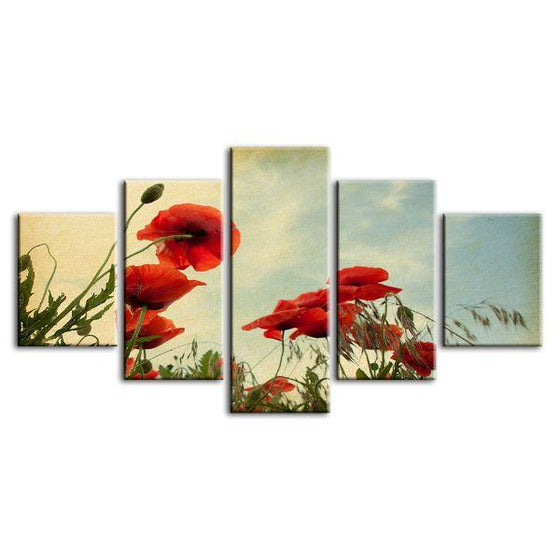 Red Poppy Flowers 5 Panels Canvas Wall Art