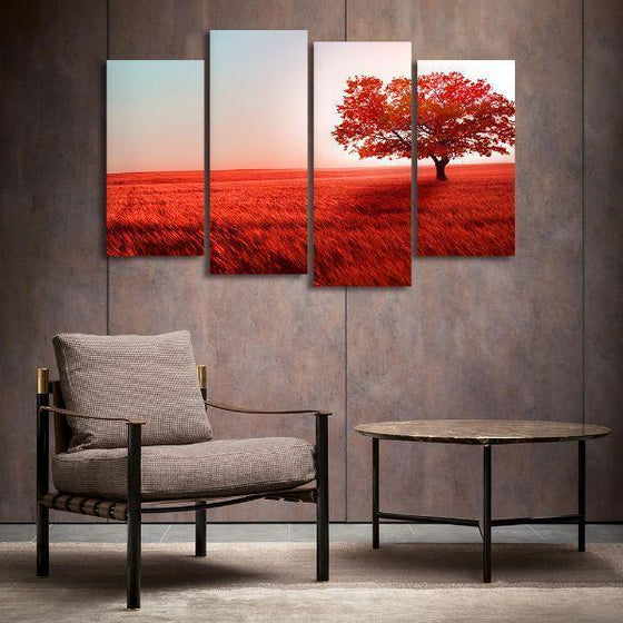 Red Tree Landscape 4 Panels Canvas Wall Art Living Room
